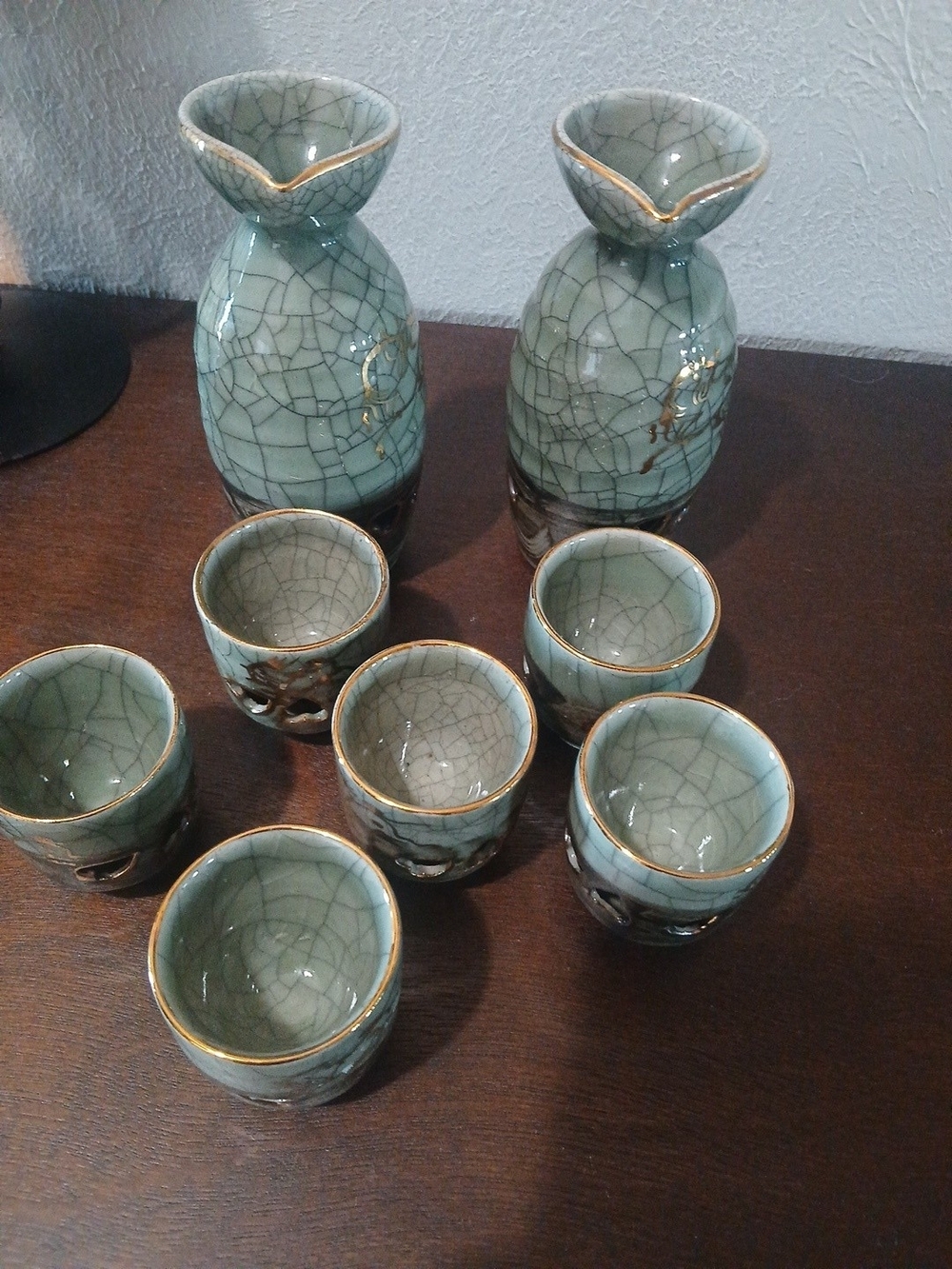 Vintage Japanese Sumayaki Gold Horse And Heart Saki Set